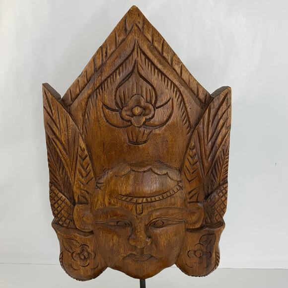 Vintage Wood Hand Carved Feather Flower Bust Head Mask Wood Base - Picture 6 of 9